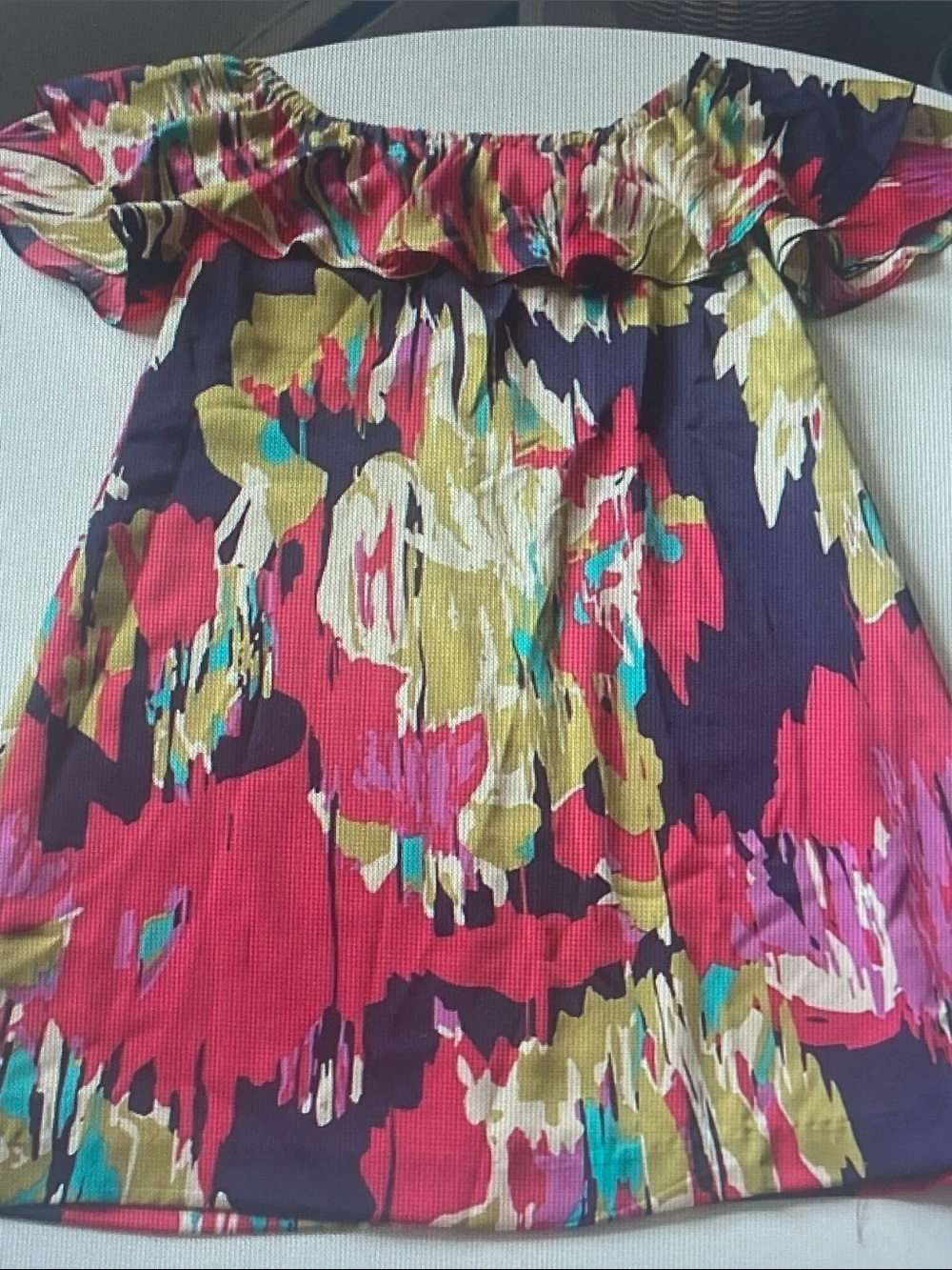 Maggy London Off-Shoulder Floral Dress in Navy, Pink, Olive & Turquoise